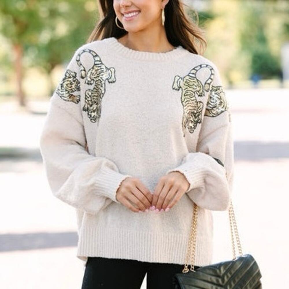 Peach Love Oatmeal Sequin Tiger Matted Sweater Pullover Preppy Bubble Sleeve